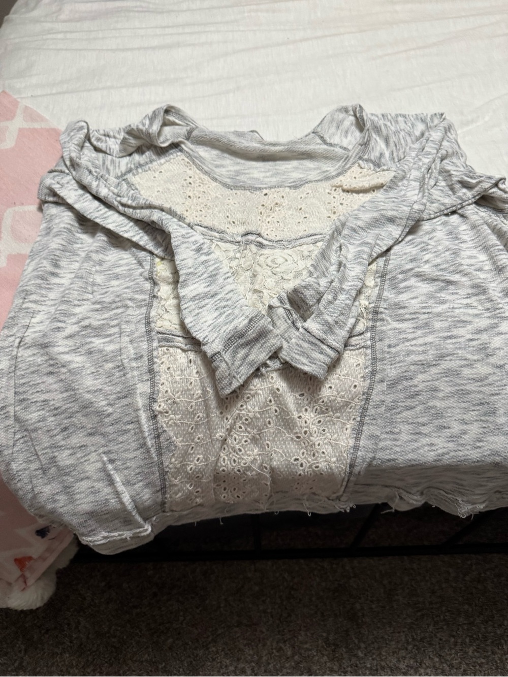 Maurices Heather Gray Knit Top with Cream Lace Trim
